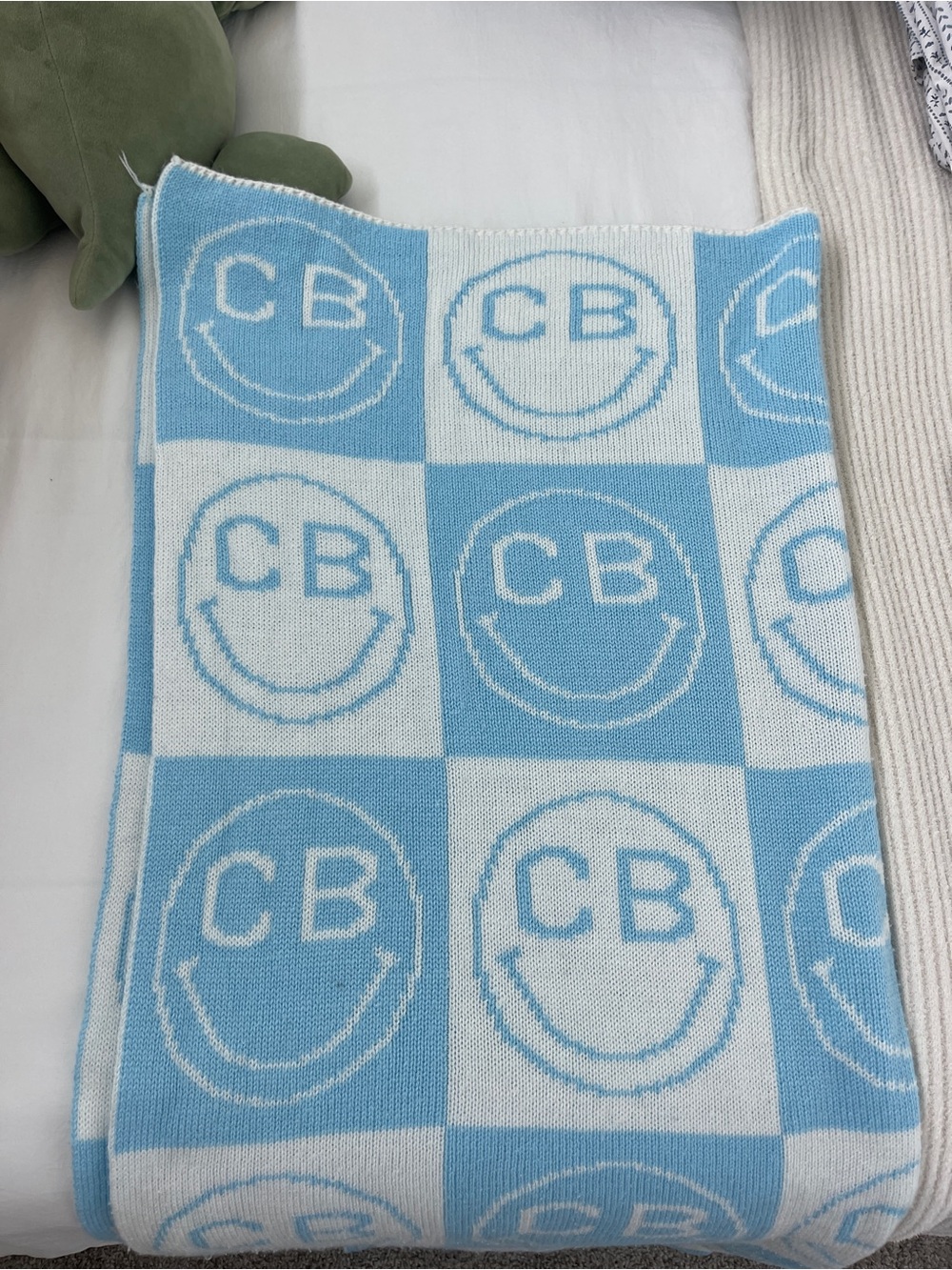 CB Smiley Pattern Blue and White Throw Blanket by BaubleBar